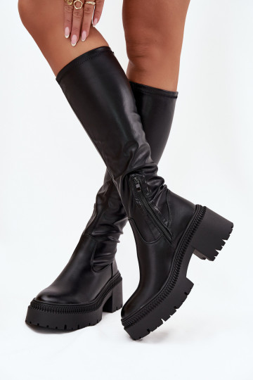 Damen-Stiefel bis zum Knie auf klobigen Absätzen und Plattform, zum Hineinschlüpfen, schwarz Florinne