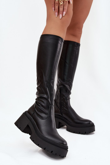 Damen-Stiefel bis zum Knie auf klobigen Absätzen und Plattform, zum Hineinschlüpfen, schwarz Florinne 2