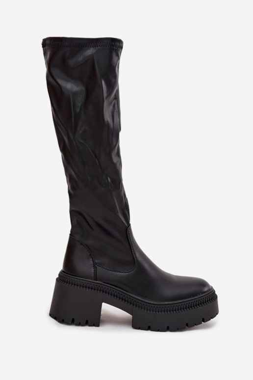 Damen-Stiefel bis zum Knie auf klobigen Absätzen und Plattform, zum Hineinschlüpfen, schwarz Florinne