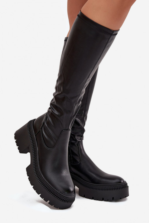 Damen-Stiefel bis zum Knie auf klobigen Absätzen und Plattform, zum Hineinschlüpfen, schwarz Florinne