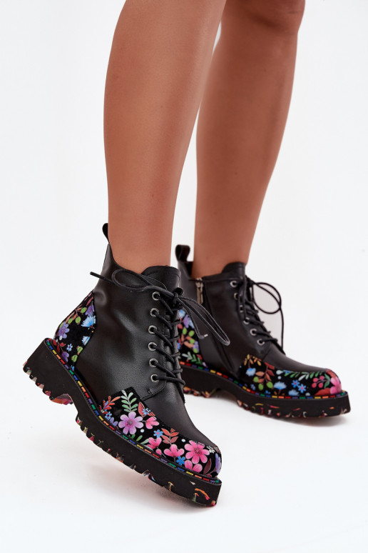Schwarze Leder-Damen-Stiefeletten mit Blumen, wärmend Artiker 57C0180