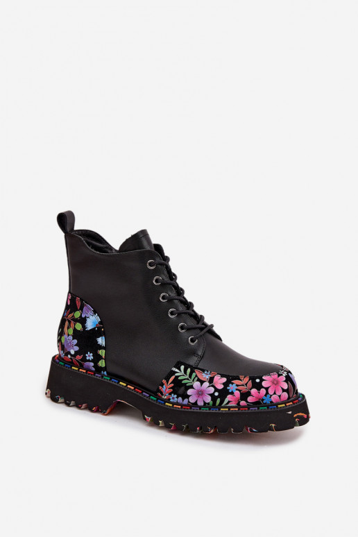 Schwarze Leder-Damen-Stiefeletten mit Blumen, wärmend Artiker 57C0180