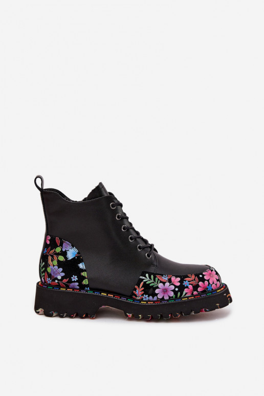 Schwarze Leder-Damen-Stiefeletten mit Blumen, wärmend Artiker 57C0180