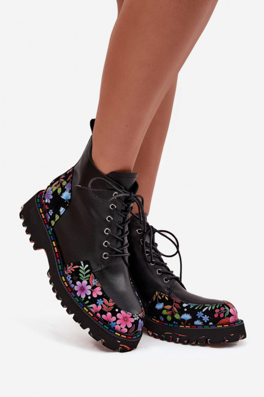 Schwarze Leder-Damen-Stiefeletten mit Blumen, wärmend Artiker 57C0180