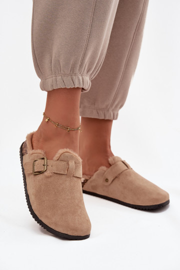 Beige warme Damen-Clogs mit Fell innen und Schnallen Sylisse 2