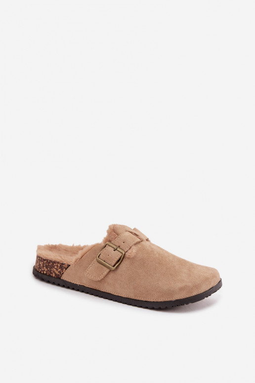 Beige warme Damen-Clogs mit Fell innen und Schnallen Sylisse