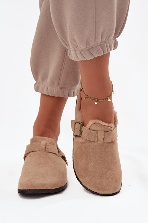 Beige warme Damen-Clogs mit Fell innen und Schnallen Sylisse