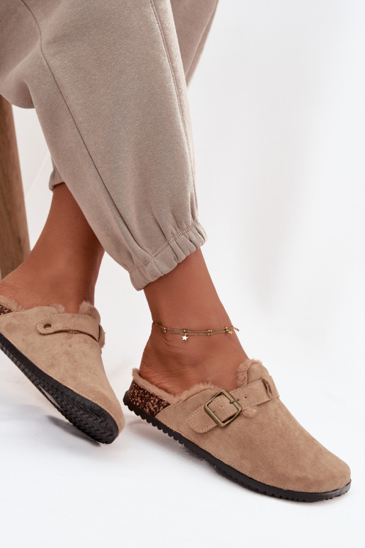 Beige warme Damen-Clogs mit Fell innen und Schnallen Sylisse
