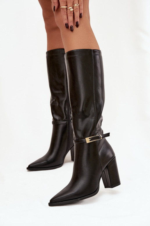 Schwarze isolierte Damenstiefel über dem Knie mit Absätzen und Schnallen Cirella