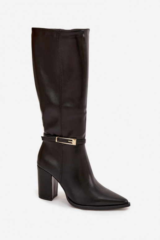Schwarze isolierte Damenstiefel über dem Knie mit Absätzen und Schnallen Cirella