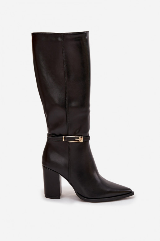 Schwarze isolierte Damenstiefel über dem Knie mit Absätzen und Schnallen Cirella