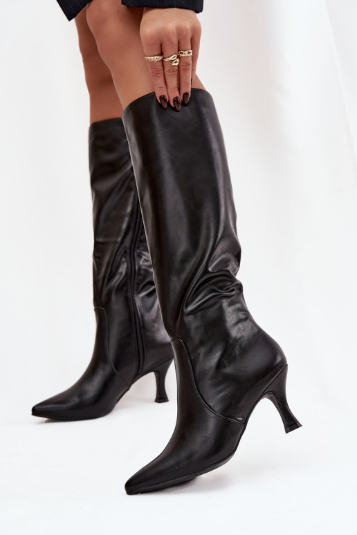 Schwarze Damenstiefel über dem Knie mit schmalen Absätzen aus Kunstleder Karella