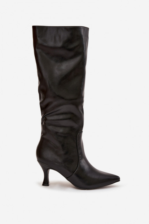 Schwarze Damenstiefel über dem Knie mit schmalen Absätzen aus Kunstleder Karella