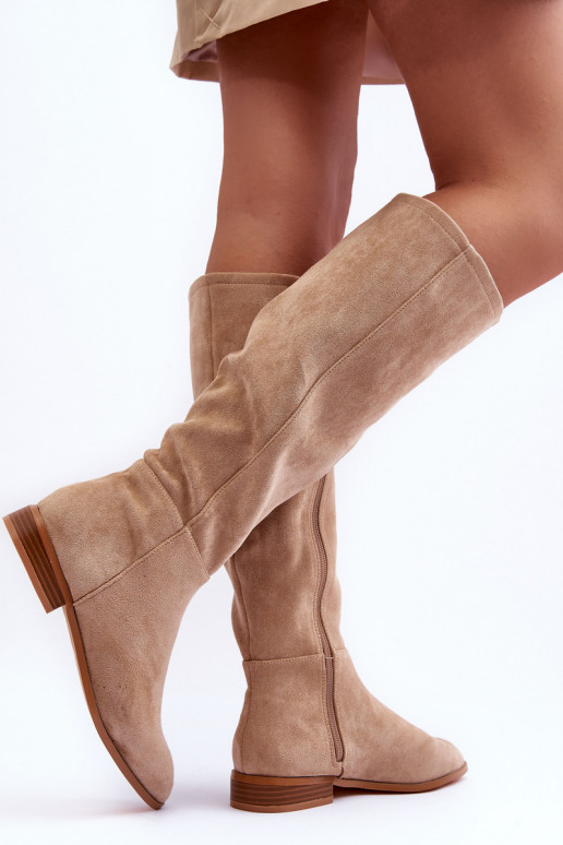 Wildleder-Stiefel bis zum Knie mit breiten Absätzen in Sand Eelin