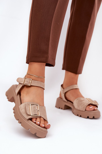 Damen Sandalen aus Kunstveloursleder mit Schnallen in Sand Gofielle 2