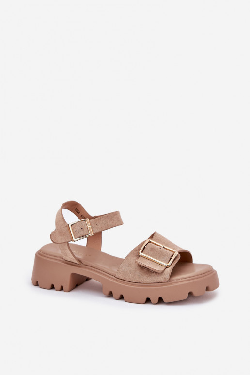 Damen Sandalen aus Kunstveloursleder mit Schnallen in Sand Gofielle