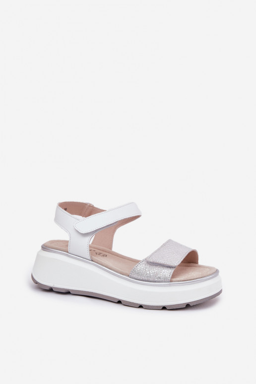 Silberne Damensandalen auf der Plattform mit klebrigen Verschlüssen S.Barski LR51-543