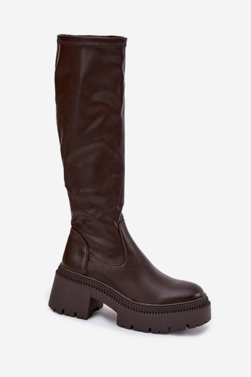 Damen kniehohe Stiefel auf massiven Absätzen und Plattform in braun Florinne