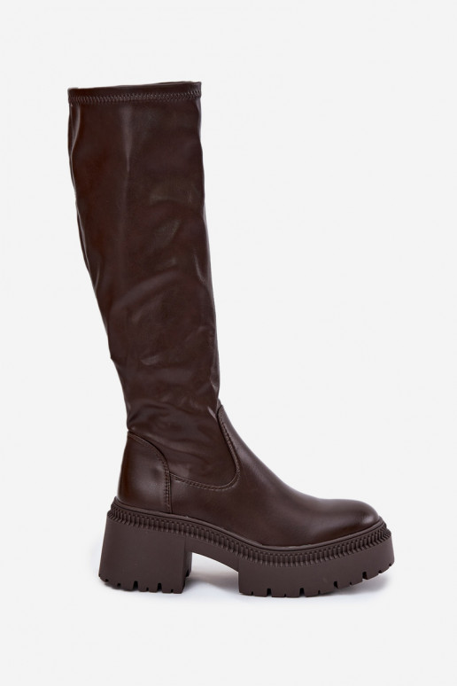 Damen kniehohe Stiefel auf massiven Absätzen und Plattform in braun Florinne