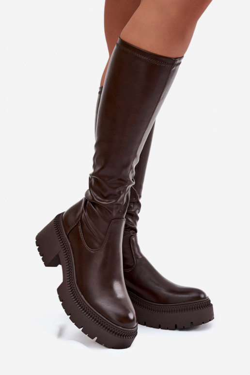 Damen kniehohe Stiefel auf massiven Absätzen und Plattform in braun Florinne