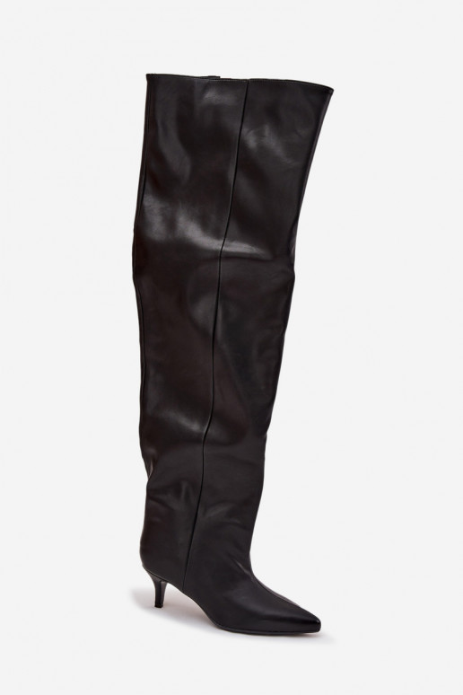 Damen kniehohe Stiefel zum Hineinschlüpfen mit schmalen Absätzen in schwarz Ysolienne
