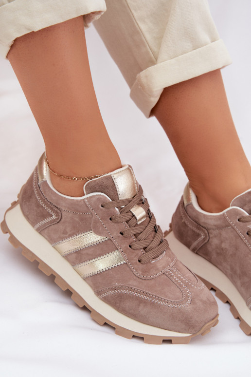 Sandfarbene Damen-Sneaker aus Kunstveloursleder auf Plattform S.Barski LR61-7097