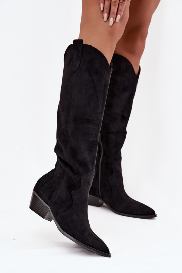 Kniehohe Stiefel aus Kunstveloursleder im Cowboy-Stil mit Absätzen schwarz Jenaya 2