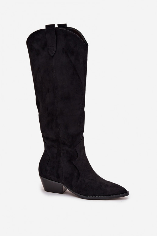 Kniehohe Stiefel aus Kunstveloursleder im Cowboy-Stil mit Absätzen schwarz Jenaya