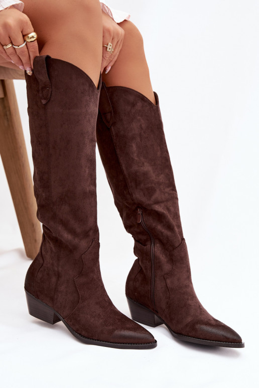 Kniehohe Stiefel aus Kunstveloursleder im Cowboy-Stil mit Absätzen schokoladenfarben Jenaya