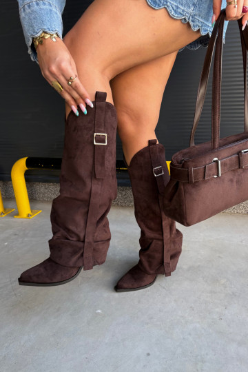 Damen Overknee-Stiefel mit Absätzen, Rüschen und Schnallen in schokoladenfarbener Caster