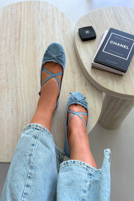 Denim Ballerinas mit Bändern Kokardką