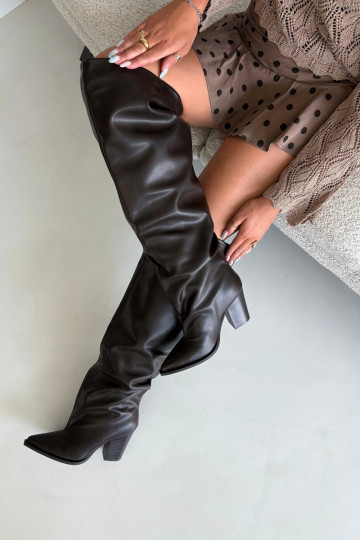 Damen lange Stiefel mit Absatz im Slipper-Stil aus schokoladenfarbenem Kunstleder Anica 2