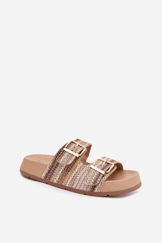 Goldene Damenpantoletten mit Schnallen und Plattform in Sand und Braun Meretta
