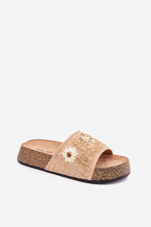 Sandfarbene Damen-Platform-Slipper mit Dekoration Ledina