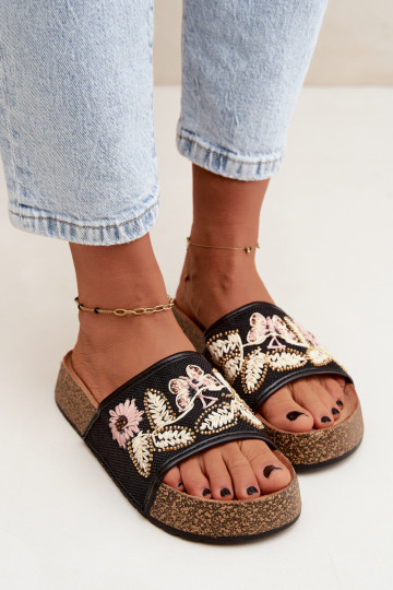 Schwarze Damen-Platform-Slipper mit Dekoration Ledina