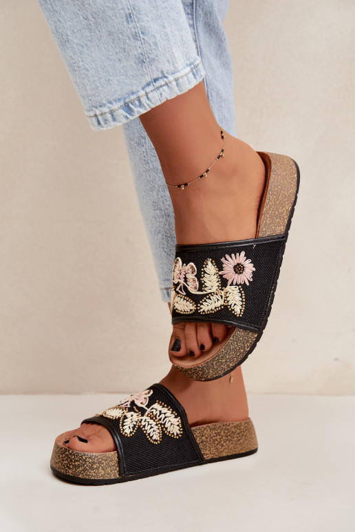 Schwarze Damen-Platform-Slipper mit Dekoration Ledina