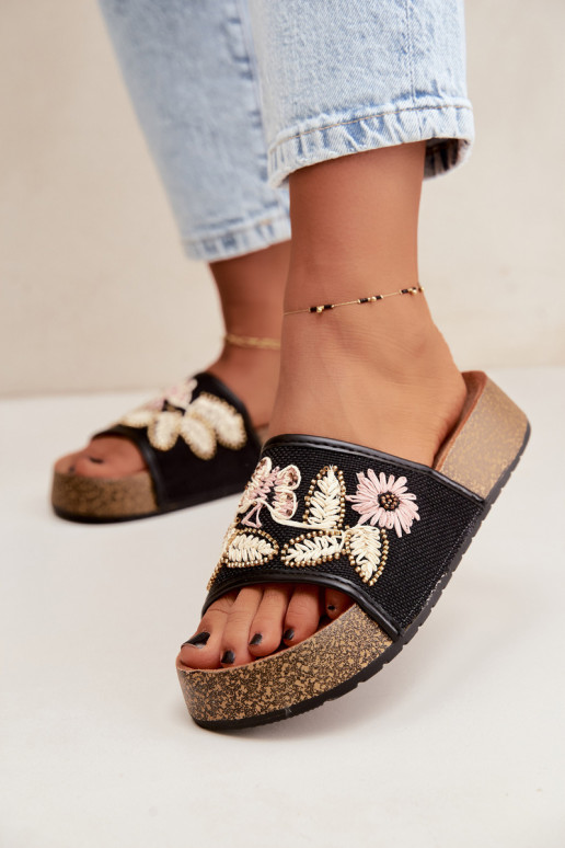 Schwarze Damen-Platform-Slipper mit Dekoration Ledina