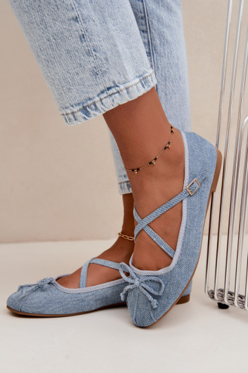 Denim Ballerinas mit Bändern Kokardką