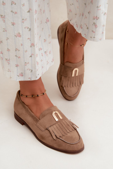 Sandfarbene Damen-Mokassins mit Fransen und goldenen Details Brenis 2