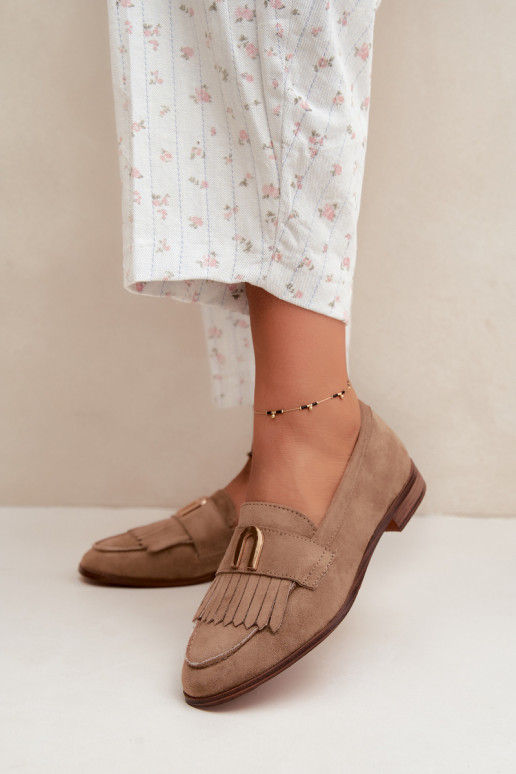 Sandfarbene Damen-Mokassins mit Fransen und goldenen Details Brenis