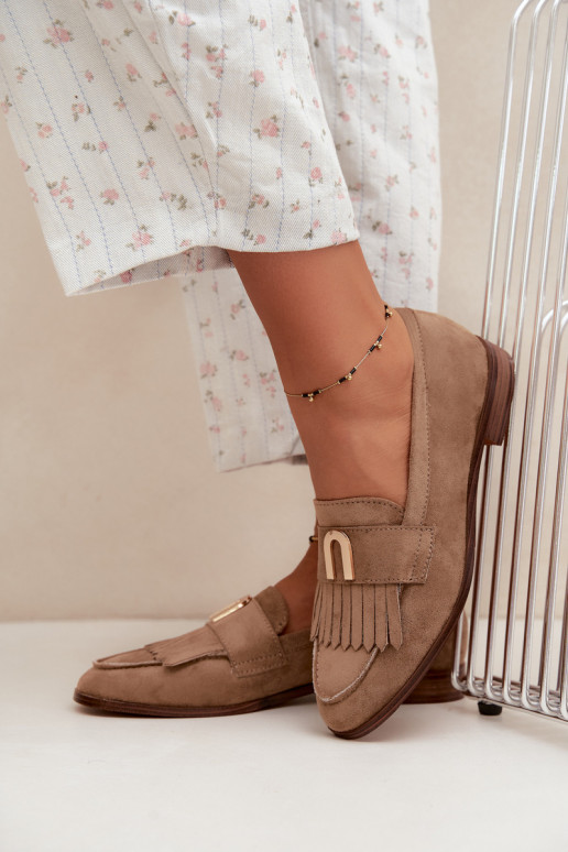 Sandfarbene Damen-Mokassins mit Fransen und goldenen Details Brenis