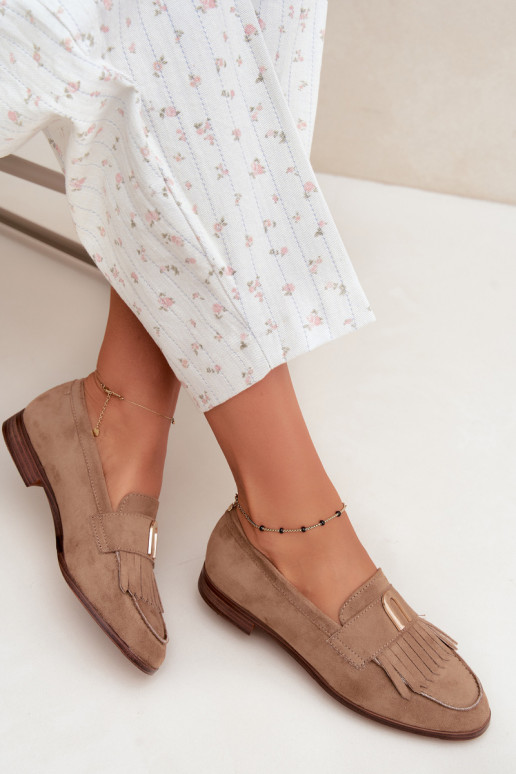 Sandfarbene Damen-Mokassins mit Fransen und goldenen Details Brenis