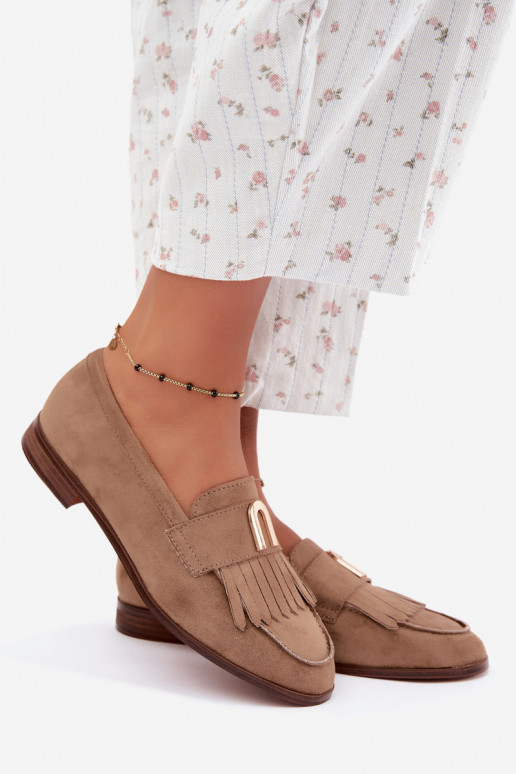 Sandfarbene Damen-Mokassins mit Fransen und goldenen Details Brenis