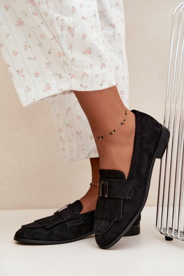 Schwarze Damen-Mokassins mit Fransen und goldenen Details Brenis 2