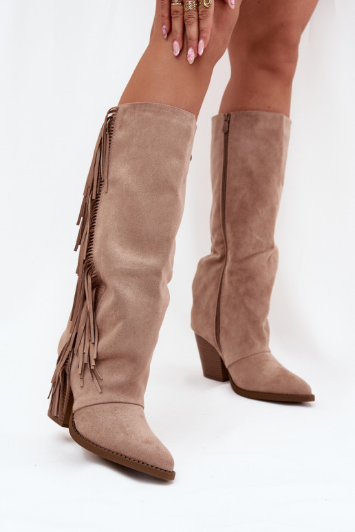 Sandfarbene kniehohe Stiefel im Cowboy-Stil mit Absatz und Fransen Tivara