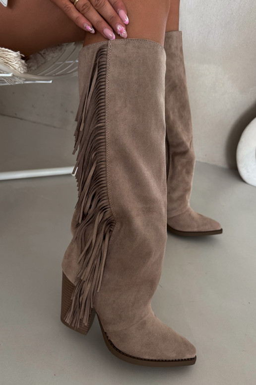 Sandfarbene kniehohe Stiefel im Cowboy-Stil mit Absatz und Fransen Tivara