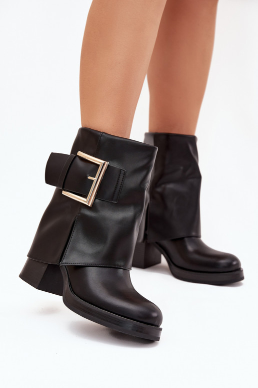Schwarze Damen gefütterte Stiefeletten mit Absätzen und goldenen Schnallen Milira
