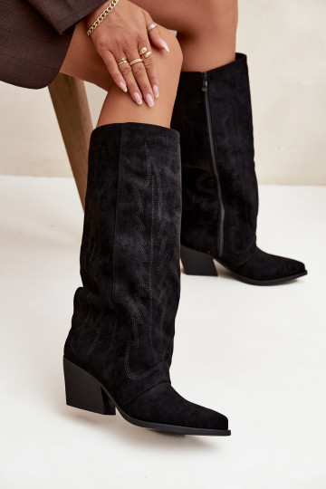 Schwarze kniehohe Stiefel im Cowboy-Stil mit Absatz Isalina