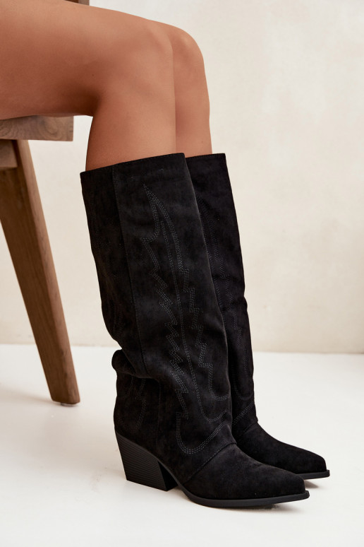 Schwarze kniehohe Stiefel im Cowboy-Stil mit Absatz Isalina