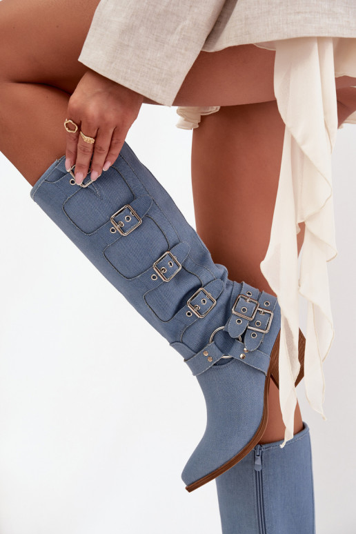 Jeans kniehohe Stiefel im Cowboy-Stil mit Absatz und Schnallen Fivelle